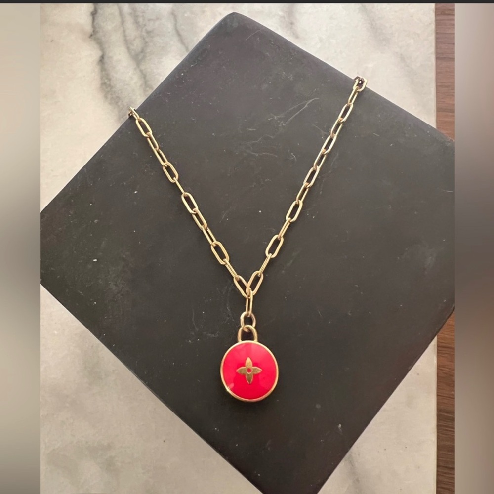 Gold Chain Necklace with Red Enamel Pendant